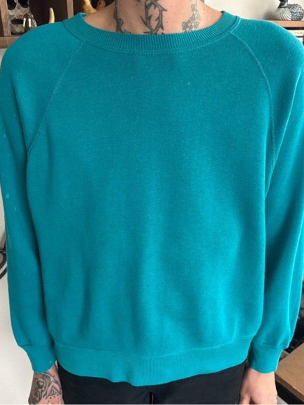 Vintage 80s Teal Boxy Raglan Crewneck Sweatshirt ~ Size Large